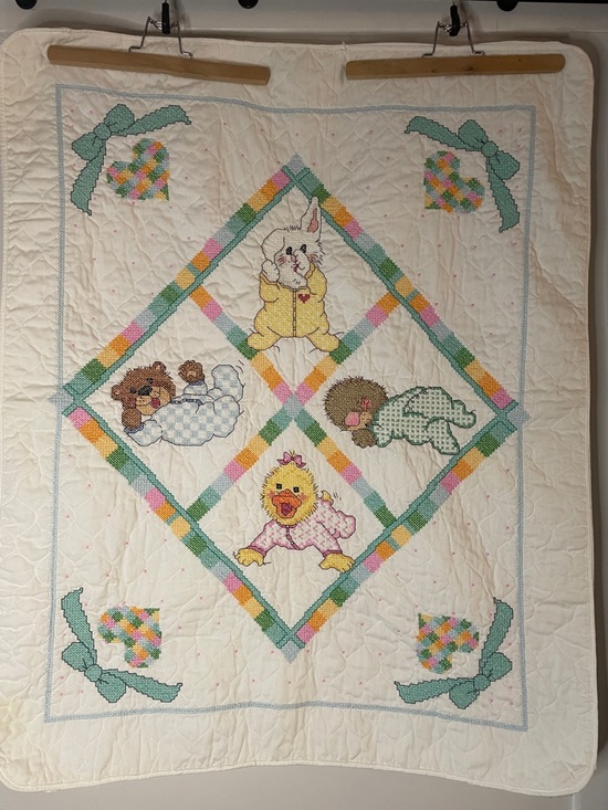 Handmade Other - Handmade CROSS STICH Nursery Animal Patchwork Quilt -Yellow, Pink, Green, Blue